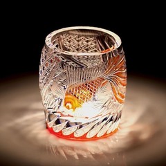 Rock Whisky Glass Hand Carved Vivid Gold Fish Pattern Edo Kiriko Glass 270ml/9oz