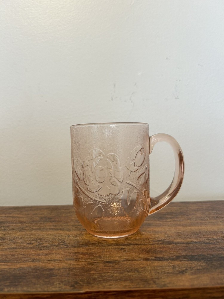 Vintage Arcoroc France Glassware Rosa Pink Rosaline Floral Mug Cup 4” Depression