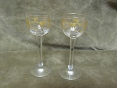 Saint- Louis Crystal Tall Stem Cordial Liqueur Glass Pair Gold Swag Bow & Rose