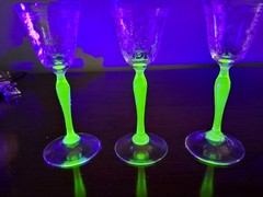 Set of Three Depression Etched Uranium Cordial Glass 2 With Flea Bites 1 Perfect