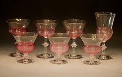 CARDER STEUBEN 7 Gold Ruby Threaded goblets/sherbets – Shape #6360