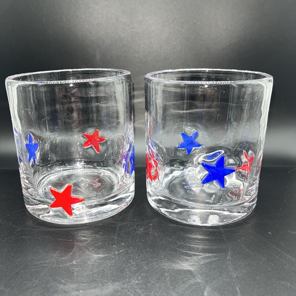 Set Of 2 Americana Icon Stars Rocks Cocktail Glasses Red Blue Barware