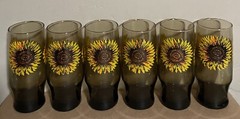 6 Libbey Smokey Sunflower 6.5” Glasses Vintage
