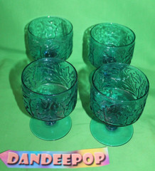 4 Vintage EAPG Blue Retro Embossed Leaf Wine Goblets Vase Stemware Glassware