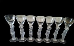 Set of 7 Bacchus Cordial Frosted Nude Figural Glasses. Beautiful Condition. 6.5″