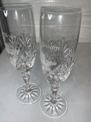 Galway Crystal Claddagh Champagne Flutes. Bride And Groom Engraving