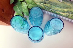 4 Vintage Anchor Hocking Madrid Blue Aqua Quilted 10 oz Flat Tumbler Glasses EUC