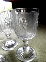 JEANNETTE Glass IRIS Sherry Set 3 Wine Goblets c1928-32, 4.25″ h EAPG