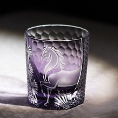 Edo Kiriko Old Fashioned Whisky Glass Hand Cut Horse Clear Purple 9oz