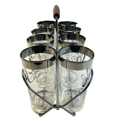 MCM Set 8 Highball Silver Rim Glasses in CADDY-Monogram «R»-Dorothy Thorpe Style