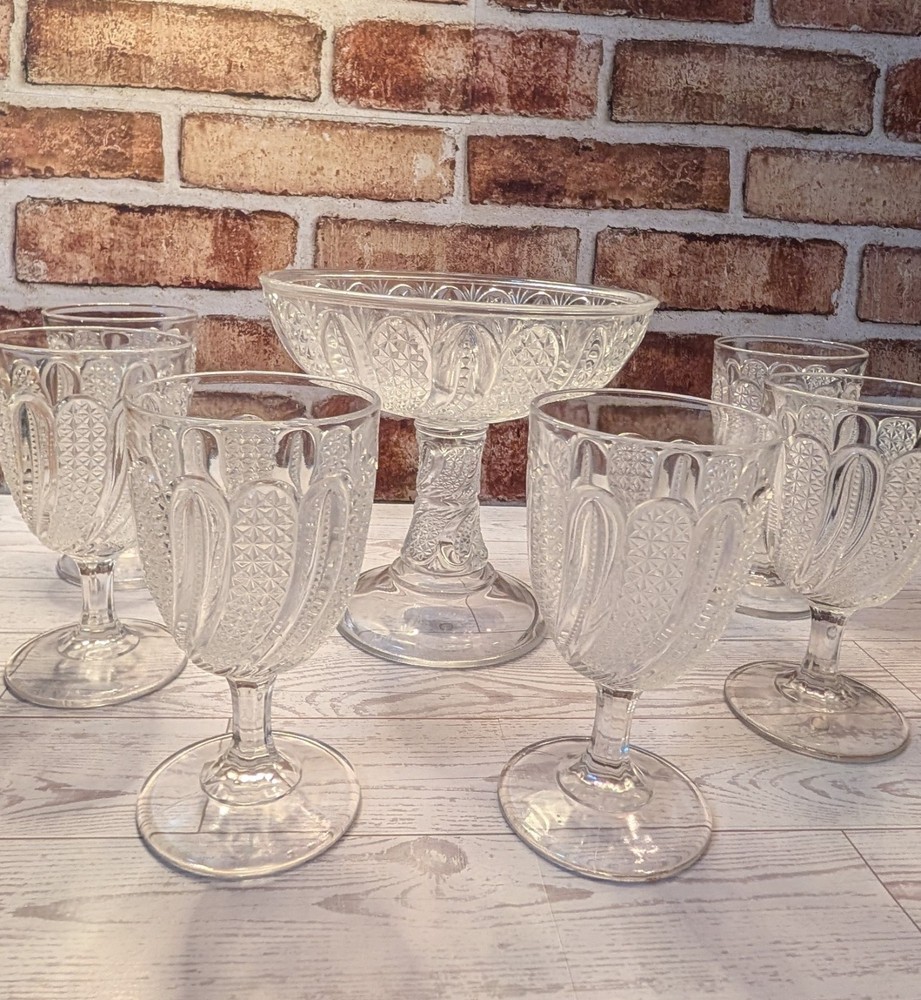 7-Piece EAPG Feather Pattern Stemware & Pedestal Compote Set