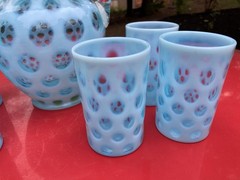 Gorgeous Vintage Fenton Blue Opalescent Coin Dot Seven Piece Water Set