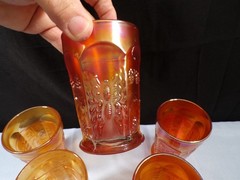 Set of 5 Fenton Marigold Carnival Glass Butterfly & Berry Pattern Tumblers