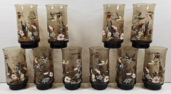 10) Yvette Perrin Dogwood Tumblers Set Vintage Smoke Brown Bird Floral Retro Lot