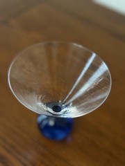 Set of 2 Post Modern Clear Glass Martini Glasses Blue & Amber Ball Base