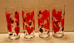 4pc VTG Love Bug Tall Slim Tom Collins Bar Tumbler Glasses Red Ladybugs Hearts