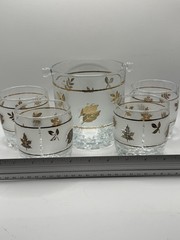 Vintage Pasabahce Frosted Glass With Gold Leaves Ice Bucket And 4 Rocks Glasses