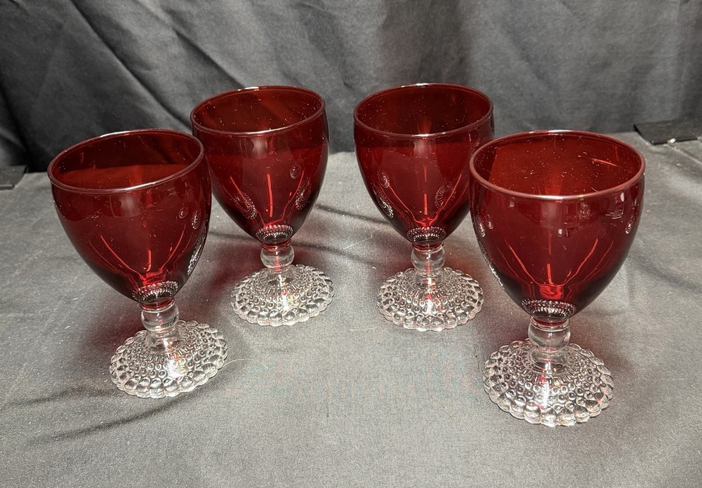 4 Anchor Hocking Ruby Red Bubble Footed Water Goblet 5 1/2”