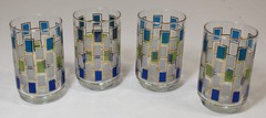 4 VINTAGE MCM Libby Nordic Glasses Blue Green White 4.5″ Retro Drink Tumblers