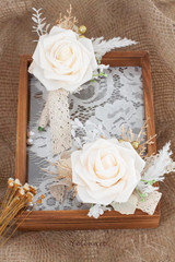 Champagne & White Wrist Corsage and Boutonniere Set for Wedding Prom Homecoming