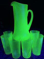 1920s Federal Glass Corded Optic Green Uranium Lemonade Set Pitcher & 6 Glasses