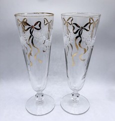 Vtg 2 Libby Pilsner Champagne White Roses Gold Ribbons Wedding Anniversary 9”