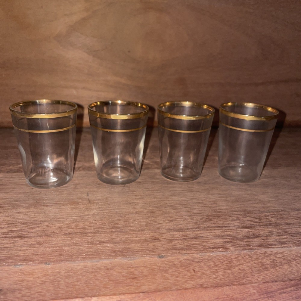 4 Federal Glass Shot Glasses Gold Bands Mid Century Modern MCM
