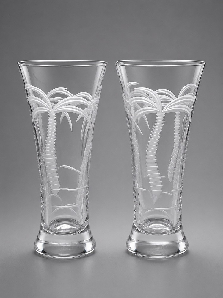 Pair Of Rolf Glass Palm Tree 12 Oz Pilsner Beer Glass Etched Tropical Barware