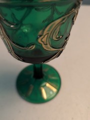 Early American Emerald Green Cordial Glass Footed W Raised Gold Decoration 4″