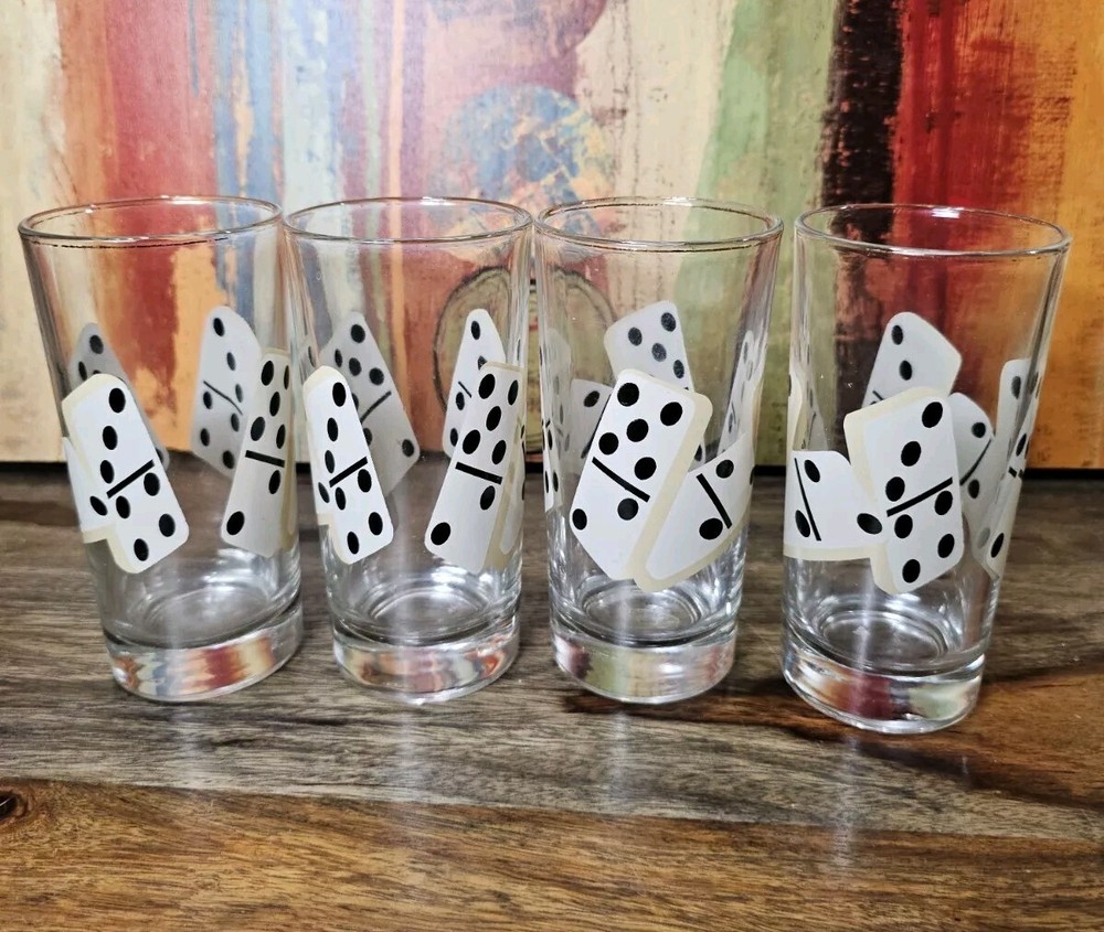 (4) Vtg Turkish Pasabahce Dominoes Drinking Glass 8 Oz Collins Tall Set Domino’s