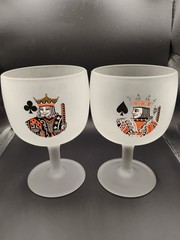 Set 2 MCM Frosted Glass Playing Cards Stemmed Glass Goblets Barware 14 Oz.