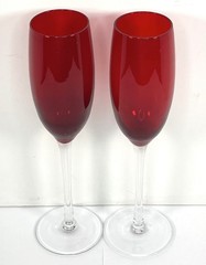 VTG Ruby Red Glass Champagne Flutes Clear Stem Hand Blown Modern Luxury Set