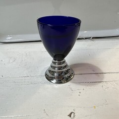 5 Art Deco Chase Cobalt Blue Moon Chrome Cordial Glasses 3.5″ USA Vintage Signed