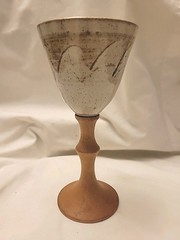 Vintage Handcrafted Pottery & Wood Stemmed Wine Goblet MCM