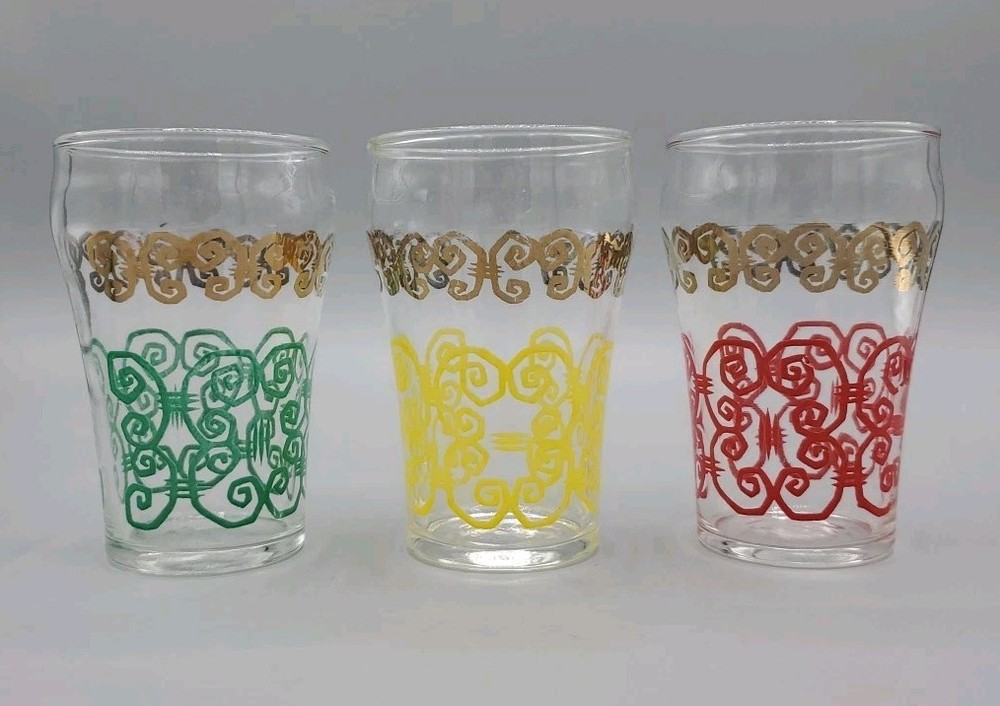 MCM Juice Tumbler Drinking Glass Set of 3 Yellow Red Green Gold Accents Vintage