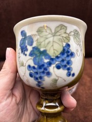 Vintage OTAGIRI Footed Pedestal GOBLET brown drip glaze w/grapes Made in Japan