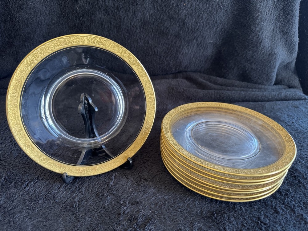 Tiffin Franciscan Rambler Rose Clear. 7″ Salad Plate. Gold Rim. Set of 8.