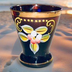 VTG. Bohemia Deep Purple Liqueur Shot Glass Hand Painted Flowers Decor