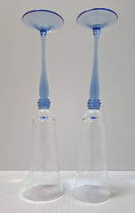Vintage Champagne Flutes Etched Glass Clear w/Long Blue Stem 11 1/2″ Pair of 2