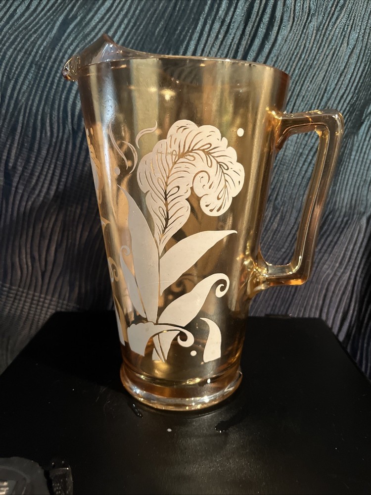VTG Jeannette Marigold Carnival Glass With White Feathers & Leaves W/ice Lip