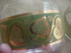(2) Mid Century Culver gold &green trim roly poly lowball / rocks glasses CUV66