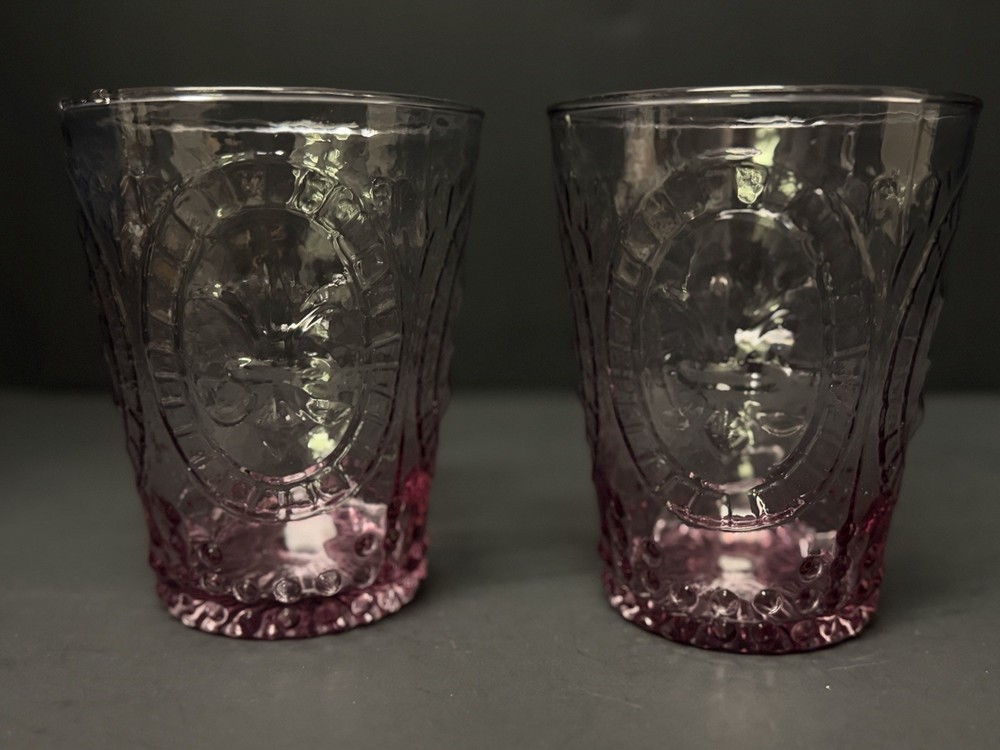 Vtg Zrike Pink Pressed Glass Tumbler W/ Embossed Fleur De Lis Design Hobnail 2pc