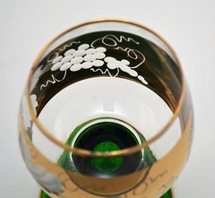 VINTAGE ROEMER GERMANY LARGE ETCHED GOBLET GLASS GREEN CLEAR GOLD