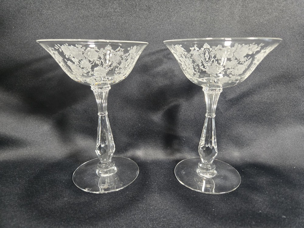MINT 2 Tiffin Franciscan Cherokee Rose Tall Champagne Crystal Etched Glass C1944