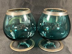 VTG SET 2 BOHEMIAN SILVER OVERLAY SMOKY GREEN BRANDY COGNAC SNIFTERS BIRD WOLF