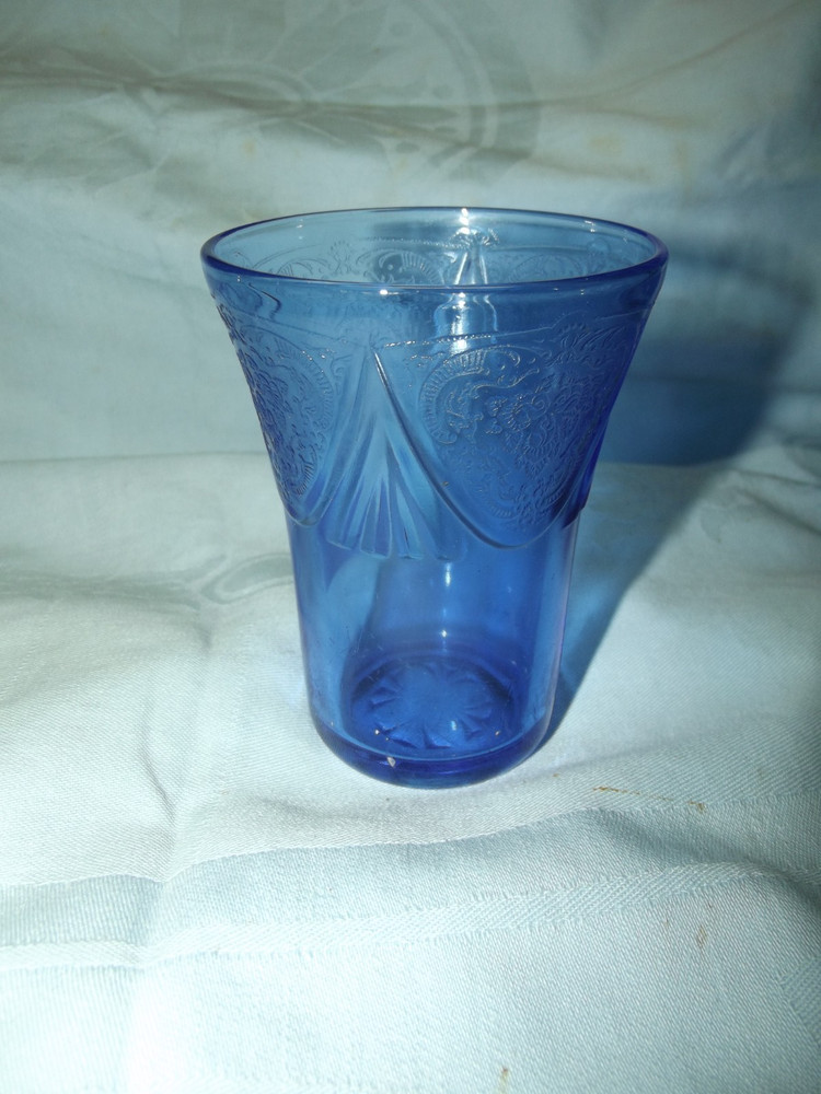 Royal Lace cobalt blue Depression glass 5oz. juice tumbler by Hazel Atlas