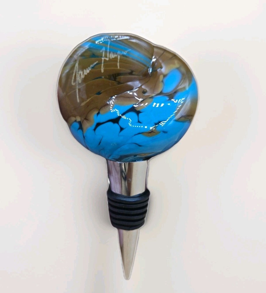 James Hayes Abstract Blown Glass Wine Stopper, Heavy, Blue & Brown EXCELLENT