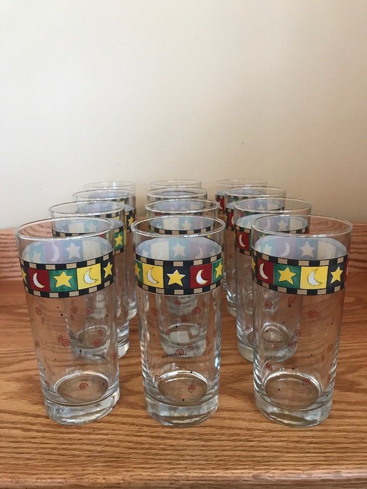 Anchor Hocking Debbie Mumm STAR/MOON Set (12) Beverage Glasses 16 oz. Red/Green