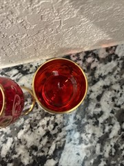 (2) Red Floral Venetian/ Bohemian Aperitif Glass Hand Painted Gold Overlay 3.75″