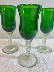 TableEscapeCo Vibrant Green Hand Blown Twisted Stem Cordial Glasses, Set Of 3.